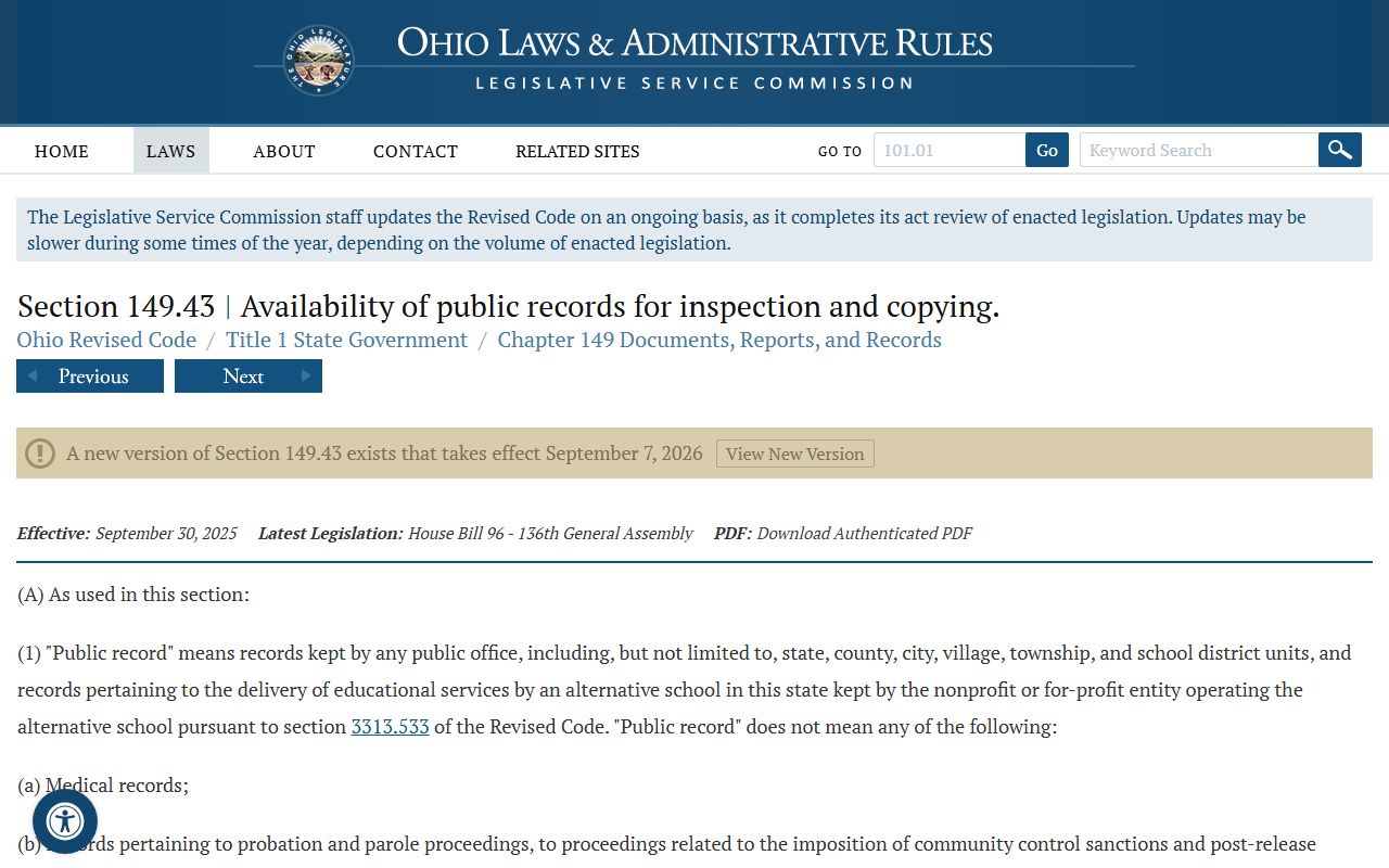 Ohio Public Records Act page for inmate records requests