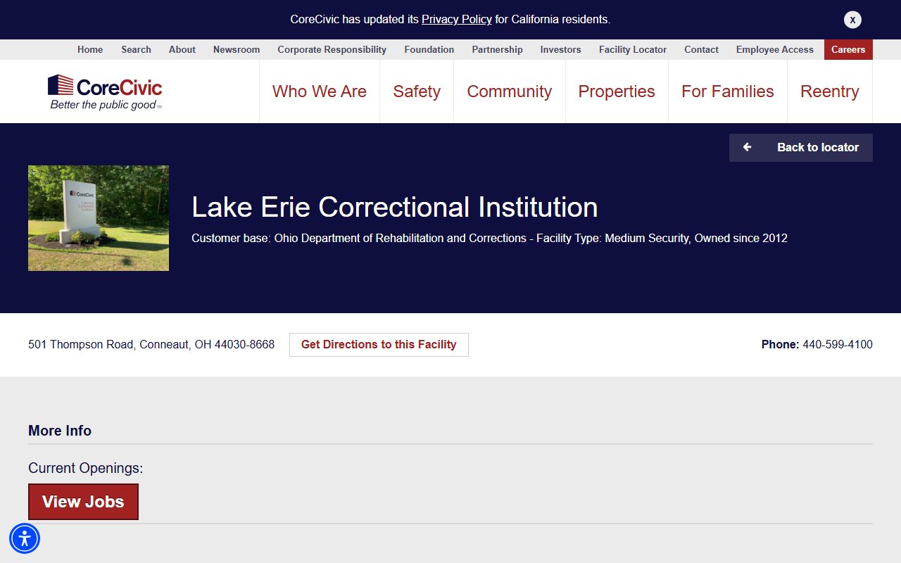 Lake Erie Correctional Institution CoreCivic facility page